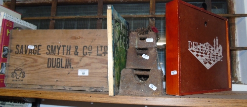 A Vintage Wooden Savage Smyth of Shankill Box, along with vintage cast iron weights, and a games