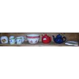 A Shelf of Teapots, Four Denby Mugs, etc.