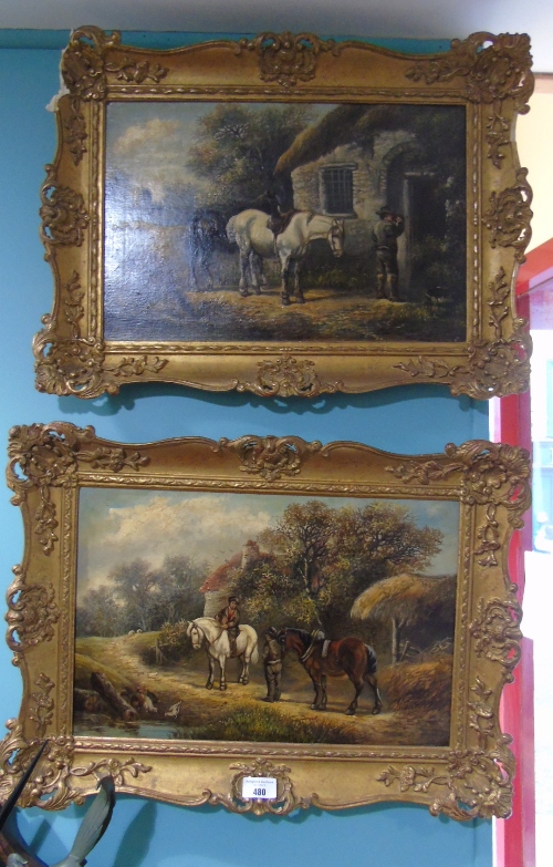 A Pair of Late 19th Century Oils on Canvas: Horseman at a Cottage Door & Horsemen on a Country