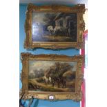 A Pair of Late 19th Century Oils on Canvas: Horseman at a Cottage Door & Horsemen on a Country