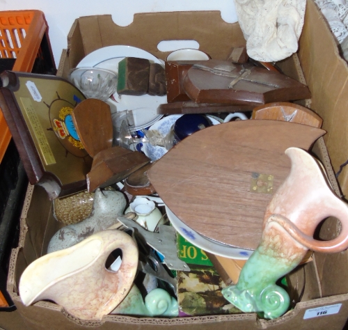 An Assorted Box Lot of Porcelain, Pottery, Plaques, etc.`