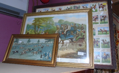 A Group of Three Hunting and Coaching Pictures; to include a quantity of trade cards framed.