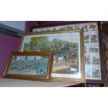 A Group of Three Hunting and Coaching Pictures; to include a quantity of trade cards framed.
