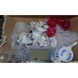 Three Boxes of Assorted Glass, Blue & White Ceramics, etc.