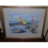 A Watercolour Depicting Girls by the Sea, signed 'R. Moulton', 26 x 36cm.