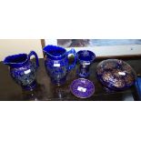 Two Cobalt Blue Jugs, a Gilt Highlighted Vase & a Dish & Lid.