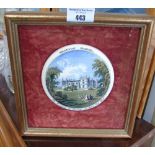 A Prattware Lid; framed on burgundy velvet background.