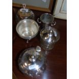 Three Jam Pots, Silver-Plated Sauce Bottle Holder & Sugar Basin (5).