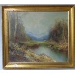 A Modern Oil on Canvas of a Mountainous Lake Scene.