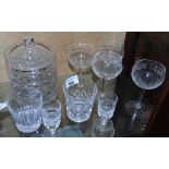 A Cut Glass Biscuit Barrel & Lid, Set of Four Wines & Further Assorted Glass.