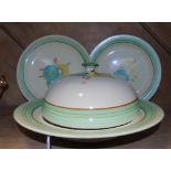 A Pair of Wilkinson Clarice Cliff Plates & Similar Muffin Dish.