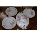 A Limoges Rose Decorated Tureen & Six Matching Soup Plates, c. 1930.