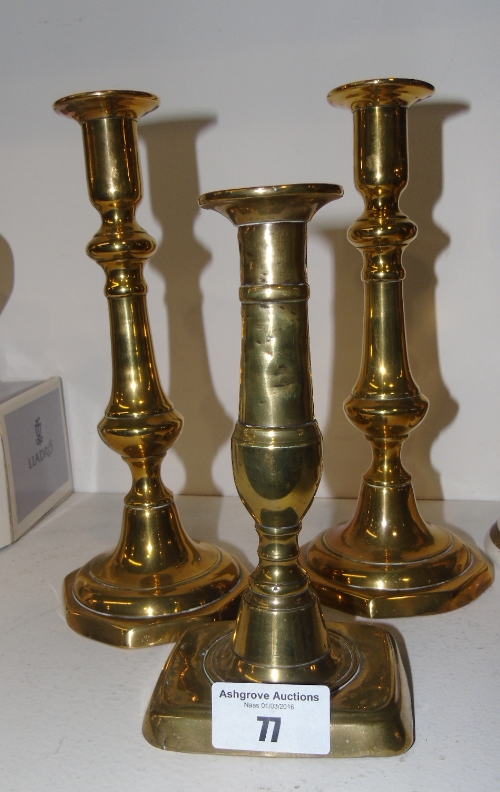 A Pair of 19th Century Brass Candlesticks, & Another Single (3).