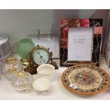 A Selection of Decorative Items to include Belleek, a mirrored photo frame, clock, barometer on an