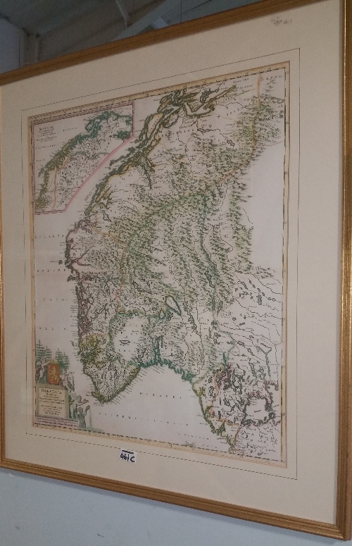 A Coloured Engraved Map 'Norvegiae', 50cm X 60cm.