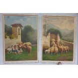 A Pair of Late 19th/Early 20th Century Continental Oils on Board of Sheep Herders; framed and signed