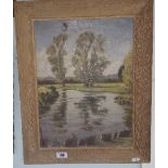 An Oil on Board by F. Veal, Reflections on the River, signed l.r., label verso, in a wide rustic