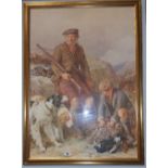 A Coloured Print after John Hardy Jnr. Scottish Gamekeeper with young boy and dogs.