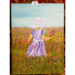 A 20th Century Oil on Canvas of a Young Girl in a Wildflower Meadow, signed M Hurley l.r.,` 40 x