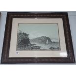 A Framed and Glazed Monochrome Print Depicting a Coastal Scene, signed lower right.