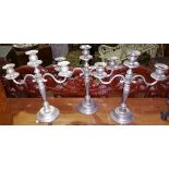 Three 20th Century Silver Plate Three Branch Candlesticks.