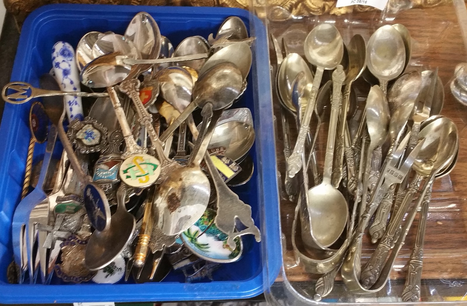 Two Trays of Souvenir Spoons & Apostle Spoons and Tongs.