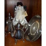 A Musical Bisque 'Waterford' Doll, together with a Sheffield Silver-Plate Tray, and Tea/Coffee