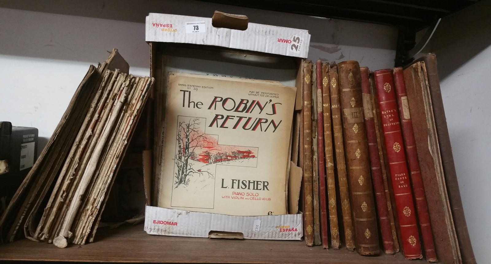 A Selection of Half Calf Covered Musical Sheets, and a box of music sheets.