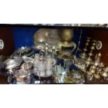 A Large Quantity of Silver Plated Items; to include candlesticks, tea pots, 19th century and later