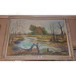 An Oil on Canvas by E Olbrys of a River Scene.