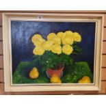 An Oil on Board Depicting a Still Life of Yellow Flowers and Lemons, signed 'Daly', 59cm x 45cm.