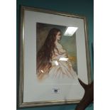 A Watercolour of a Beautiful Young Woman, flowing brown hair and in ball gown. 27 x 19cm.