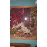 A Victorian Needlepoint Picture Depicting an Interior Scene of a Young Girl and Handmaiden; framed