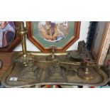 An Old Brass Tray & a Collection of Brass Items, Candlesticks, etc.