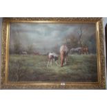 An Oil on Canvas by L Moore Landscape with Horses; signed and framed.