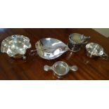 A Silver-Plated Two-Part Tea Strainer, Sugar Bowl, Old Mustard Pot, etc (5).