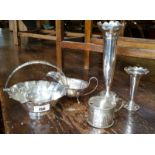 Two Chippendale Single Bud Vases, together with a Greek key Victorian mustard pot, 1880, a silver-