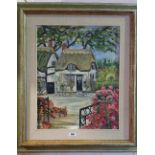 A Modern Oil on Canvas of a Cottage with Roses in the Garden; signed Lyn Gordon.