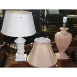 A Modern Peach Coloured Reeded Table Lamp, with shade, with A Modern Cream Table Lamp and Shade.