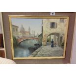 An Oil on Canvas of a Venetian View by Gordon Thomas; with a woman walking with her child beside a