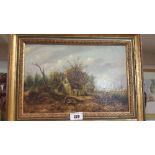 A 19th Century Oil on Canvas of a Country Landscape in a Gilt Frame; with thatched cottage,