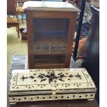 A 19TH CENTURY OAK SMOKERS CABINET along with an ivory style jewellery casket.