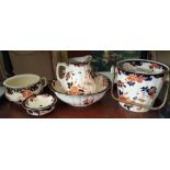 A LOVELY WASH SET comprising jug and bowl, chamber pot, soap dish and strainer & slop pail with