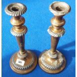 A PAIR OF COPPER AND PLATED CANDLESTICKS, 30cm (h).