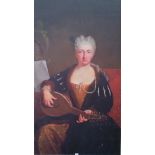 A.T.O. A VERY LARGE COLOURED PORTRAIT PRINT of a lady playing a lute. U.F. 41.5" x 72.25".