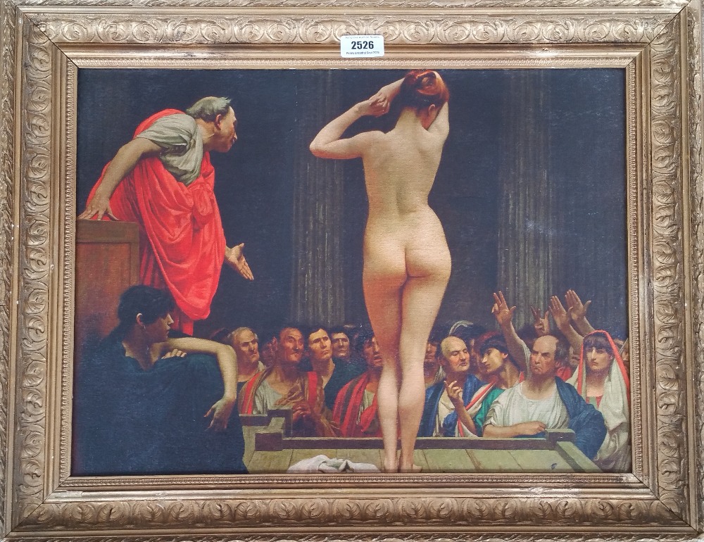 A.T.O. A COLOURED PRINT of a woman being auctioned, in a 19th century period frame. 24" x 19".