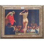 A.T.O. A COLOURED PRINT of a woman being auctioned, in a 19th century period frame. 24" x 19".