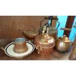 A COLLECTION OF 19TH CENTURY AND LATER COPPER to include kettles, a warming plate, etc (6). (Sir