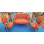 A GOOD SHOW FRAME THREE PIECE GILT SUITE upholstered in a vibrant pink fabric.