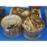 TWO BRASS CAULDRONS along with other brassware.